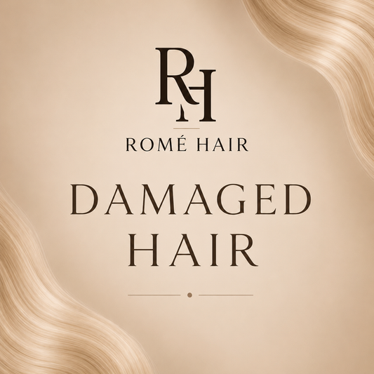 Romé Hair Damaged Hair graphic with golden hair strands on a champagne background